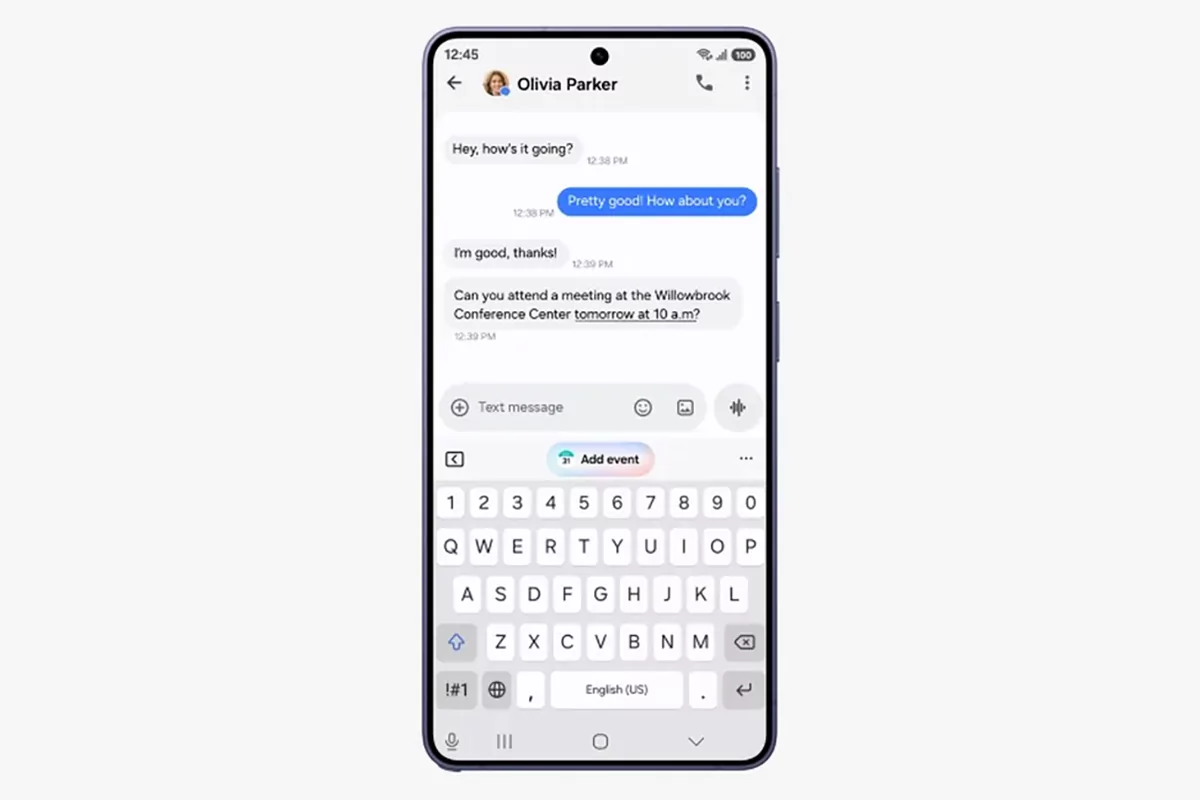Galaxy phone running One UI 9 with a Now Nudge add event suggestion in a messaging chat