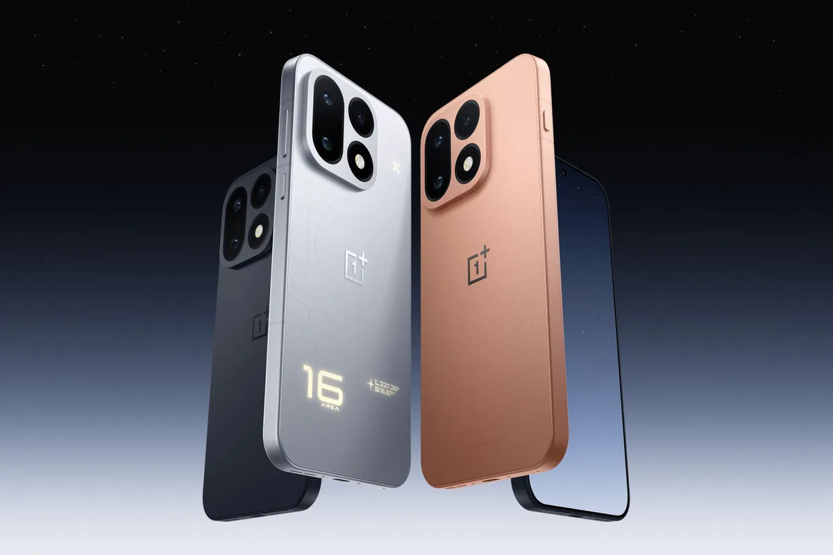 OnePlus 16 in black, silver and copper against a dark starry sky
