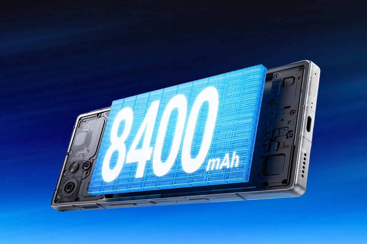 Official REDMAGIC render of the phone opened up to show its 8,400mAh battery on a blue background
