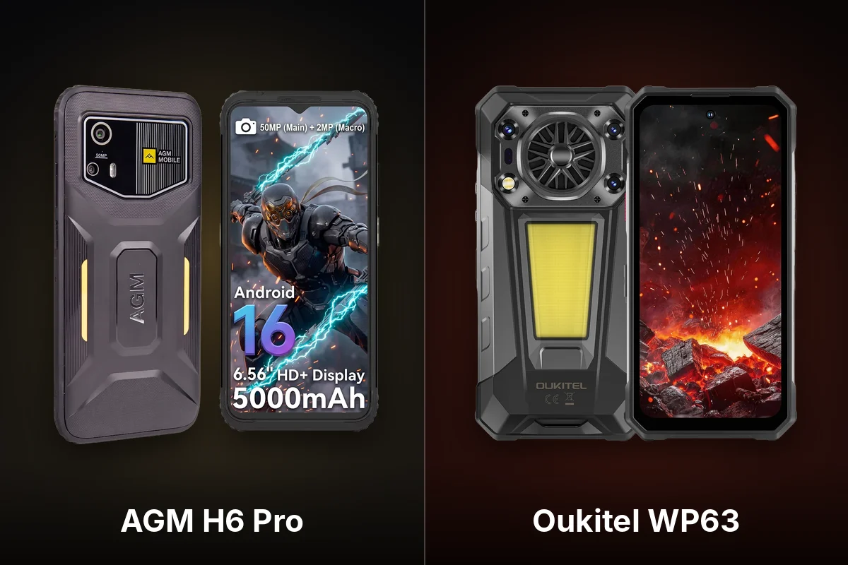 AGM H6 Pro and Oukitel WP63 rugged phones, front and back, on a dark background