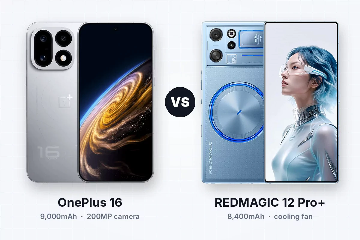 OnePlus 16 in silver and REDMAGIC 12 Pro+ in blue, each shown front and back