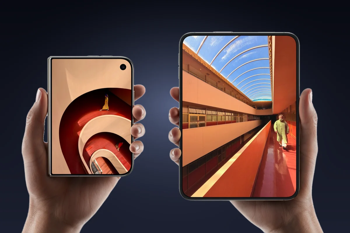 Hands holding iPhone Duo folded and unfolded to compare the outer and inner displays