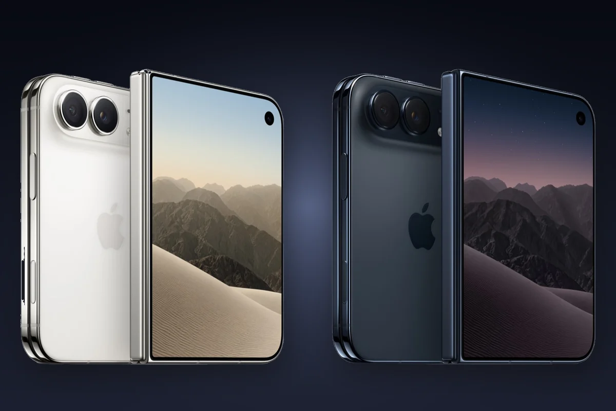 iPhone Duo in white and dark blue, each shown half-folded with the back and the inner display visible