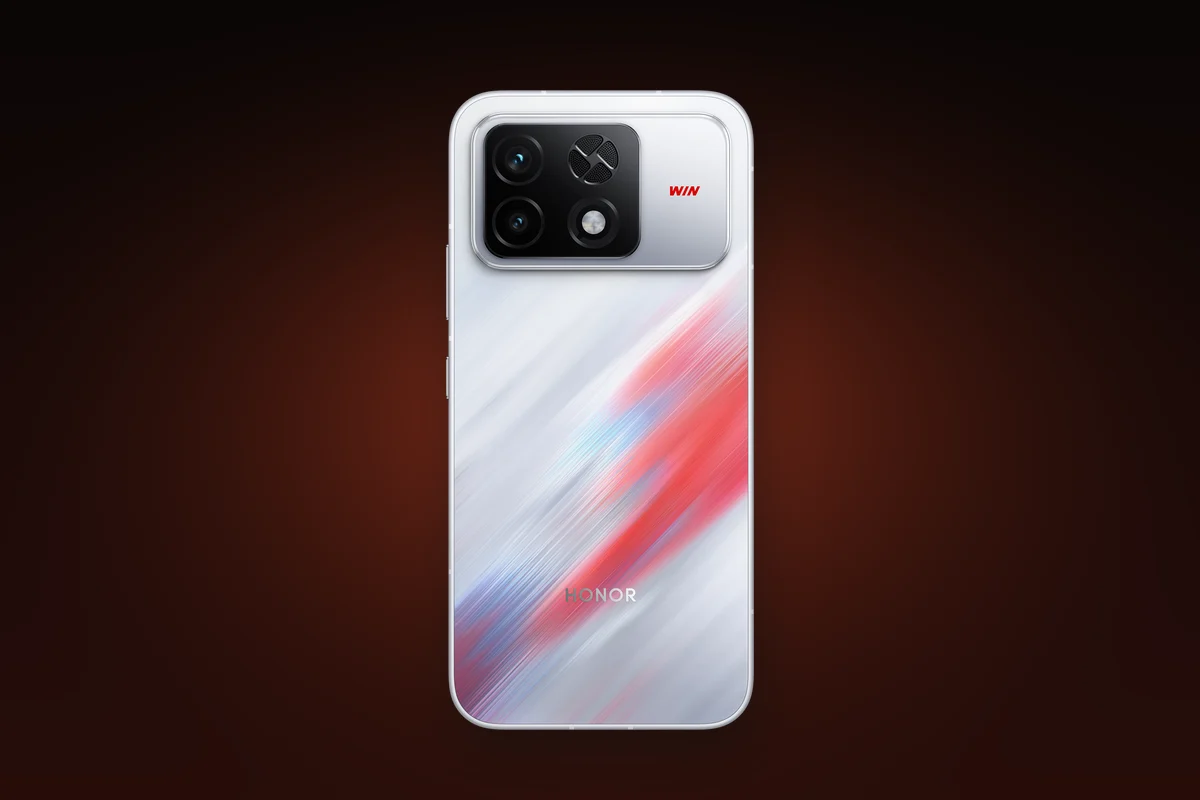 Back of the HONOR Win2 in white with a red and blue pattern and a large camera island with a fan grille