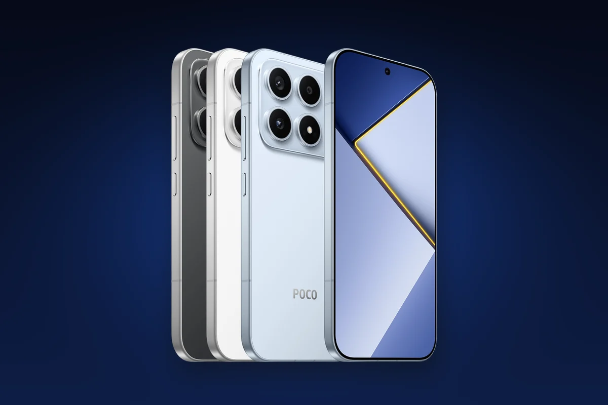 POCO X8s in black, white and light blue from the back, next to the front of the phone