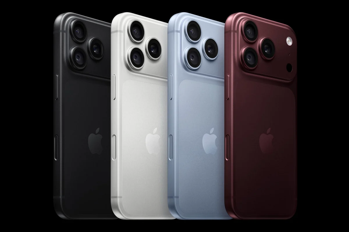 iPhone 18 Pro in black, silver, glacier and burgundy finishes, shown from the back with the triple camera